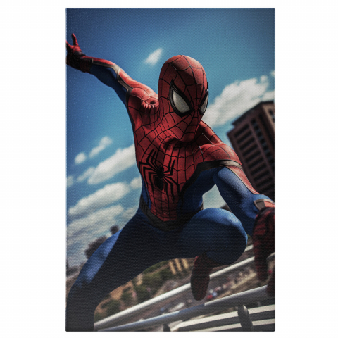 Personaje Desene Animate - Tablou Canvas cu Portretul lui Spiderman în Săruturi pe Balustradă, Marime 40x25CM