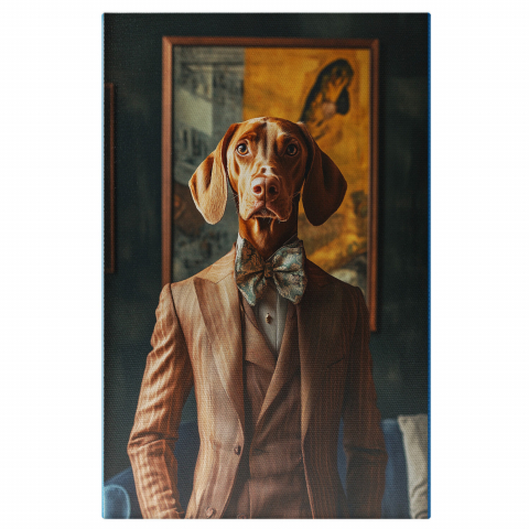 Personalizate cu Animalul Tau -  Tablou Canvas Personalizat Costum Maro Cu Papion Albastru Detalii AuriiMarime 40x25CM