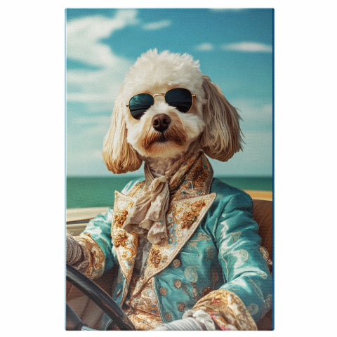 Vehicule -  Tablou Canvas Personalizat Aristrocrat În Mașină Vintage Cu Accesorii AuriiMarime 40x25CM