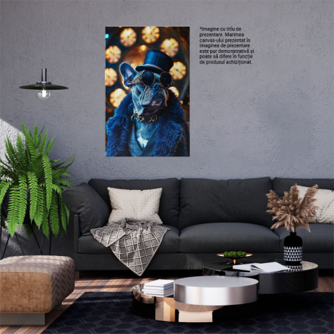 Tablou Canvas: Portretul Impresionant al Câinelui în Haină de Blană Zgardă aurie Ochelari și Joben Pictura Digitala 40x25CM [1]