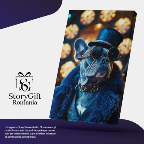 Tablou Canvas: Portretul Impresionant al Câinelui în Haină de Blană Zgardă aurie Ochelari și Joben Pictura Digitala 40x25CM [4]