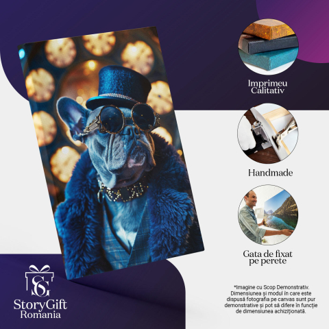 Tablou Canvas: Portretul Impresionant al Câinelui în Haină de Blană Zgardă aurie Ochelari și Joben Pictura Digitala 40x25CM [2]