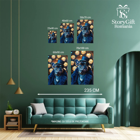 Tablou Canvas: Portretul Impresionant al Câinelui în Haină de Blană Zgardă aurie Ochelari și Joben Pictura Digitala 40x25CM [3]