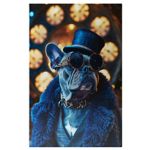 Câini - Portretul Impresionant al Câinelui cu Haină de Blană, Zgardă Aurie, Ochelari și Joben, Marime 40x25CM