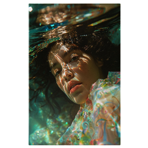 Diverse - Tablou Canvas: Portretul în Adâncuri al Tinerei cu Rochie din Organza Frumusețea și Culorile Apei Pictura Digitala 40x25CM