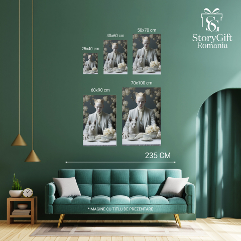 Tablou Canvas Femeie la Masă cu Cești și Pisică | Pictură Digitală Florală, Marime 40x25CM [2]