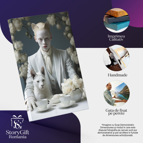 Tablou Canvas Femeie la Masă cu Cești și Pisică | Pictură Digitală Florală, Marime 40x25CM [1]