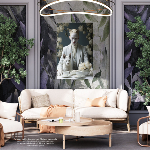 Tablou Canvas Femeie la Masă cu Cești și Pisică | Pictură Digitală Florală, Marime 40x25CM [3]