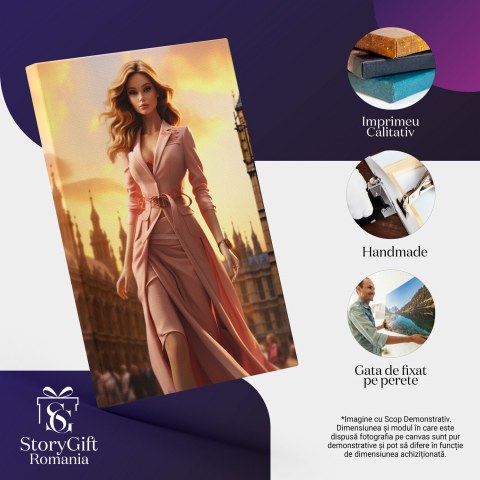 Tablou Canvas - Power Woman - Femeie cu Părul Blond în Rochie și Sacou Lung Roz în Londra, Marime 40x25CM [1]