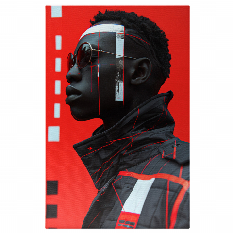 Portret - Tablou Canvas - Poziție Masculină pe Fundal Roșu cu Ochelari și Tunsoare Cool, Marime 40x25CM