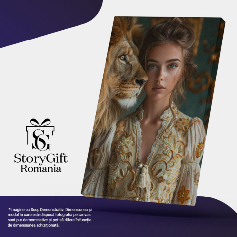 Tablou Canvas  Prietena Leului Rege din Jungla, in Rochie Alba cu Ochii Albastri si Parul Prins in Coc langa Leu , Pictura Digitala 40x25CM [4]