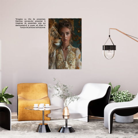 Tablou Canvas  Prietena Leului Rege din Jungla, in Rochie Alba cu Ochii Albastri si Parul Prins in Coc langa Leu , Pictura Digitala 40x25CM [1]