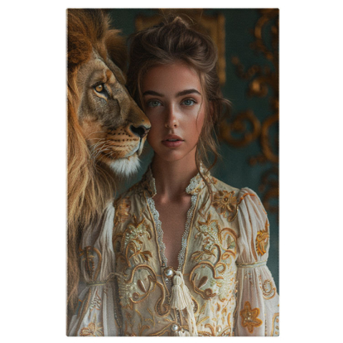 Portret - Tablou Canvas  Prietena Leului Rege din Jungla, in Rochie Alba cu Ochii Albastri si Parul Prins in Coc langa Leu , Pictura Digitala 40x25CM