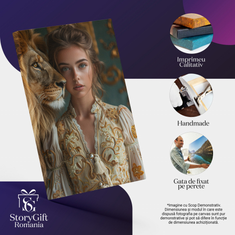 Tablou Canvas Prietena Leului Rege în Junglă, Rochie Albă și Coc Lângă Leu - Pictură Digitală, Marime 40x25CM [1]