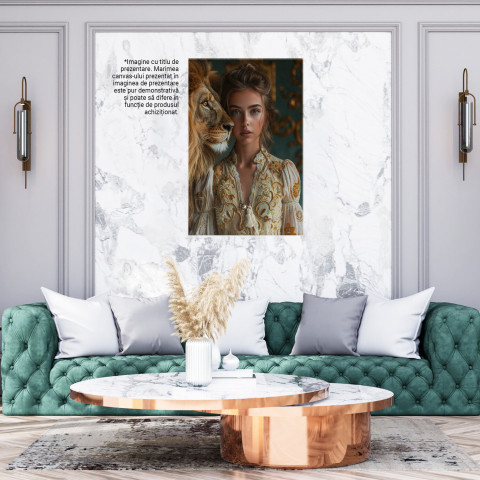 Tablou Canvas Prietena Leului Rege în Junglă, Rochie Albă și Coc Lângă Leu - Pictură Digitală, Marime 40x25CM [2]