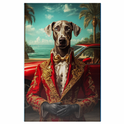 Vehicule -  Tablou Canvas Personalizat Prinț În Ținută Roșie Cu Mașină VintageMarime 40x25CM