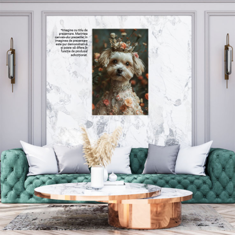 Tablou Canvas:  Prințesa câinilor Bichon cu o coroniță pe cap- Eleganță cu floricele Pictura Digitala 40x25CM [1]