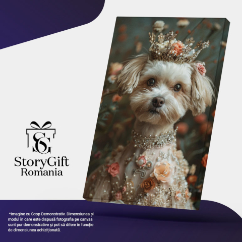Tablou Canvas:  Prințesa câinilor Bichon cu o coroniță pe cap- Eleganță cu floricele Pictura Digitala 40x25CM [4]