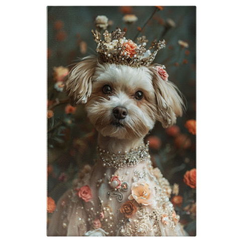 Câini - Tablou Canvas:  Prințesa câinilor Bichon cu o coroniță pe cap- Eleganță cu floricele Pictura Digitala 40x25CM