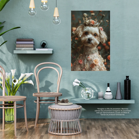 Tablou Canvas: Prințesa Câinilor Bichon cu Coroniță - Eleganță Florală în Pictură Digitală, Marime 40x25CM [2]