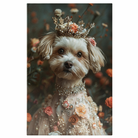 Câini - Tablou Canvas: Prințesa Câinilor Bichon cu Coroniță - Eleganță Florală în Pictură Digitală, Marime 40x25CM