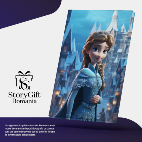 Tablou Canvas:  Printesa din Frozen Disney pe Strada Inzapezita catre Castel cu Rochie si Manta Albastra  Pictura Digitala 40x25CM [4]