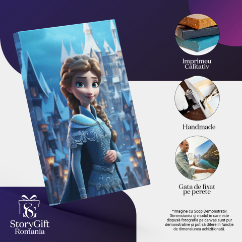 Tablou Canvas:  Printesa din Frozen Disney pe Strada Inzapezita catre Castel cu Rochie si Manta Albastra  Pictura Digitala 40x25CM [2]