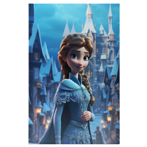 Personaje Desene Animate - Tablou Canvas:  Printesa din Frozen Disney pe Strada Inzapezita catre Castel cu Rochie si Manta Albastra  Pictura Digitala 40x25CM
