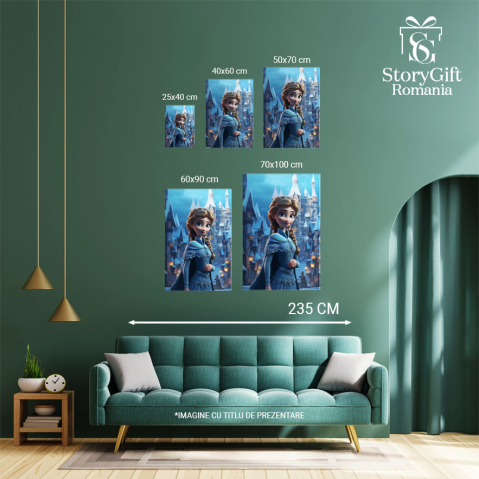 Tablou Canvas:  Printesa din Frozen Disney pe Strada Inzapezita catre Castel cu Rochie si Manta Albastra  Pictura Digitala 40x25CM [3]