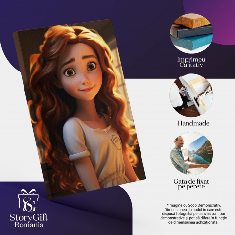 Tablou Canvas:  Printesa Disney cu Ochii Verzi si Chipul Bland cu Pistrui si Parul Roscat si Rochita Pictura Digitala 40x25CM [1]