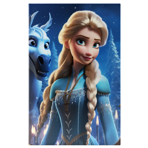 Personaje Desene Animate - Tablou Canvas:  Printesa Disney cu Parul Doua Cozi Lungi Elsa Privita de Calul Alba, Regatul de Gheata Pictura Digitala 40x25CM