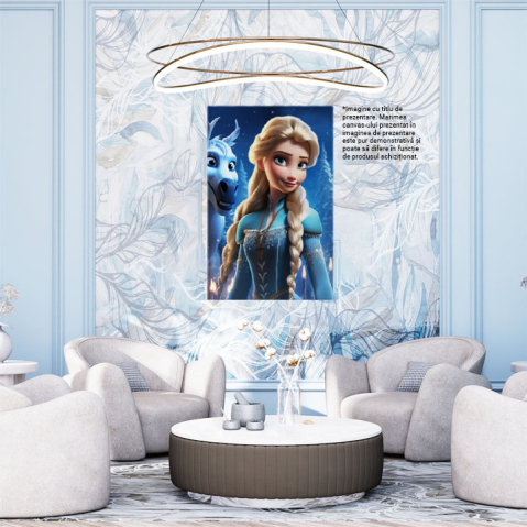 Tablou Canvas:  Printesa Disney cu Parul Doua Cozi Lungi Elsa Privita de Calul Alba, Regatul de Gheata Pictura Digitala 40x25CM [1]