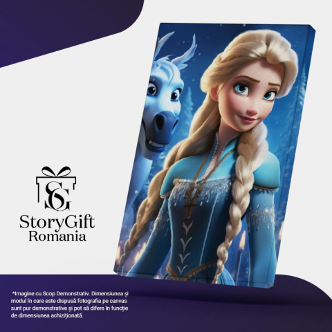Tablou Canvas:  Printesa Disney cu Parul Doua Cozi Lungi Elsa Privita de Calul Alba, Regatul de Gheata Pictura Digitala 40x25CM [4]