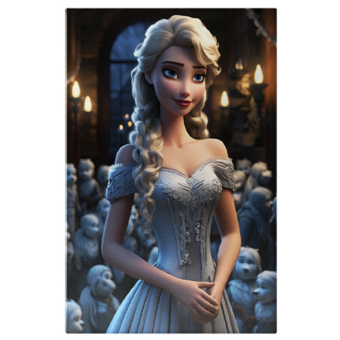 Personaje Desene Animate - Tablou Canvas:  Printesa Elsa in palatul Regatului de gheata pregatita de bal in rochie albastra Pictura Digitala 40x25CM