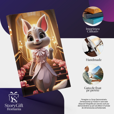 Prințesa Iepuraș în Rochie de Prințesă Roz Coboară pe Scările Decorate cu Flori - Pictură Digitală, Marime 40x25CM [1]