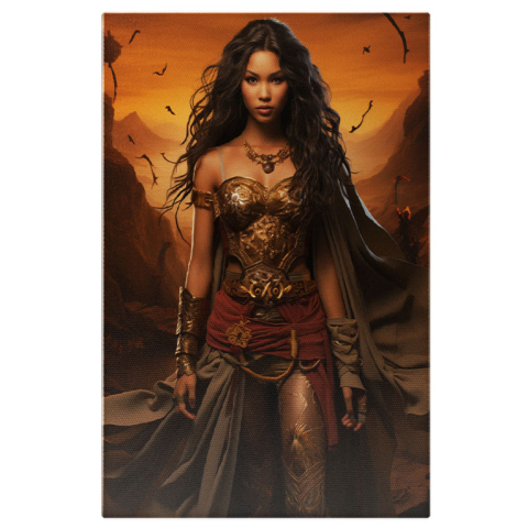 Portret - Tablou Canvas:  Printesa razboinica in armura aflata in pustietate si pregatita de lupta-portret feminin fantastic Pictura Digitala 40x25CM