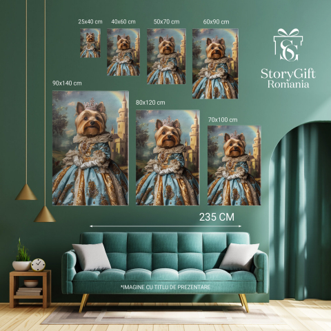  Tablou Canvas Personalizat Prințesă Regală Cu Rochie Albastră În Fața Castelului CurcubeuMarime 140x90CM [5]