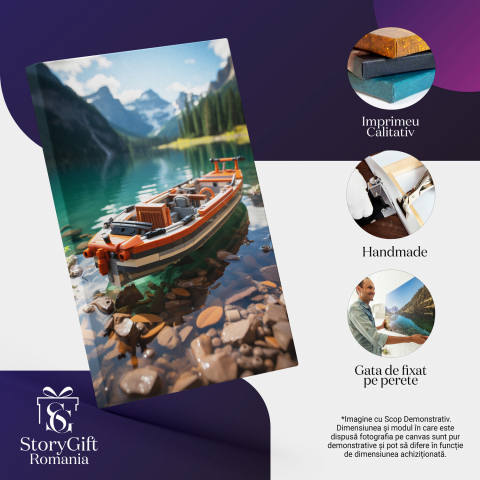 Tablou Canvas - Priveliste Lac Între Munți cu Barcă de Salvamari, Marime 40x25CM [1]