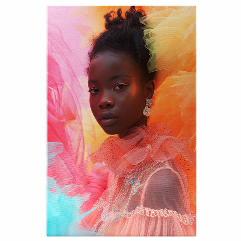 Privirea care Reflectă o Lume Diversă - Portretul Femeii cu Rochie Colorată - Pictură Digitală, Marime 40x25CM