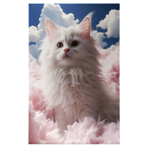Pisici - Tablou Canvas: Privirea Chihlimbărie a Pisicii Rătăcitoare printre Fulgii de Nori Pufoși Pictura Digitala 40x25CM