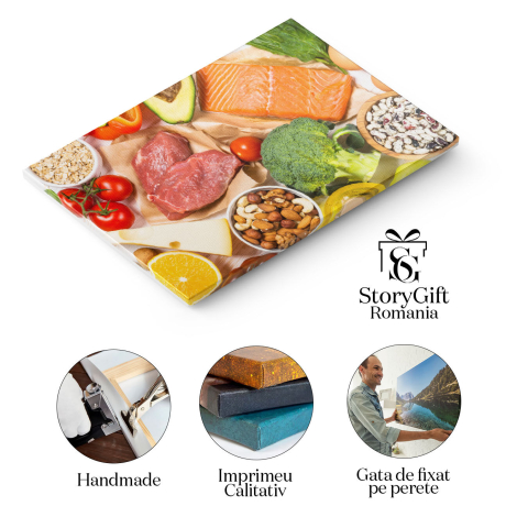 Tablou Canvas Produse alimentare Sanatoase pe Fundal alb  O Varitate Echilibrata si Nutritiva de Legume, Fructe si Carne pentru o Dieta Sanatoasa 40x25CM [1]