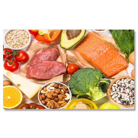 Mâncare - Tablou Canvas Produse alimentare Sanatoase pe Fundal alb  O Varitate Echilibrata si Nutritiva de Legume, Fructe si Carne pentru o Dieta Sanatoasa 40x25CM