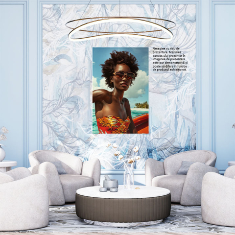 Tablou Canvas Profil fată în lumina soarelui pe valuri - Insulă, barcă, cer senin  , Pictura Digitala 40x25CM [1]