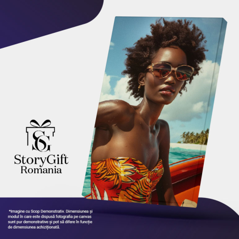 Tablou Canvas Profil fată în lumina soarelui pe valuri - Insulă, barcă, cer senin  , Pictura Digitala 40x25CM [4]