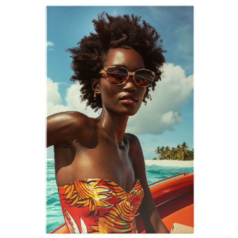 Portret - Tablou Canvas Profil fată în lumina soarelui pe valuri - Insulă, barcă, cer senin  , Pictura Digitala 40x25CM