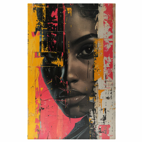 Portret - Tablou Canvas - Profilul unei Fete Stropit cu Dare de Vopsea, Nuante de Negru, Roz și Galben, Marime 40x25CM