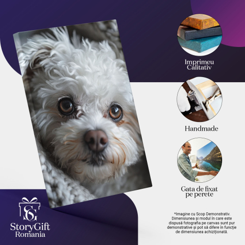 Tablou Canvas  Pufosul Catelus Alb cu Ochii Caprui Invelit in Paturica lui Groasa Gri, Pretty Puppy White , Pictura Digitala 40x25CM [2]