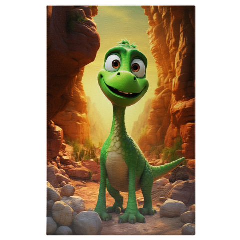 Personaje Desene Animate - Tablou Canvas:  Pui de Dinozaur, Verde- Personaj pentru Copii Pictura Digitala 40x25CM