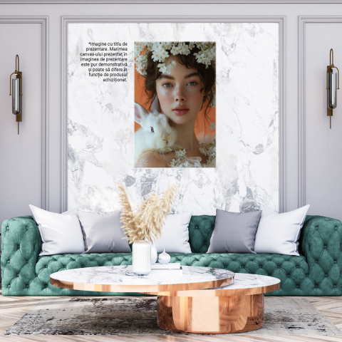 Tablou Canvas Fata cu Ochi Luminoși și Iepuraș în Floare Albă | Pictură Digitală, Marime 40x25CM [2]