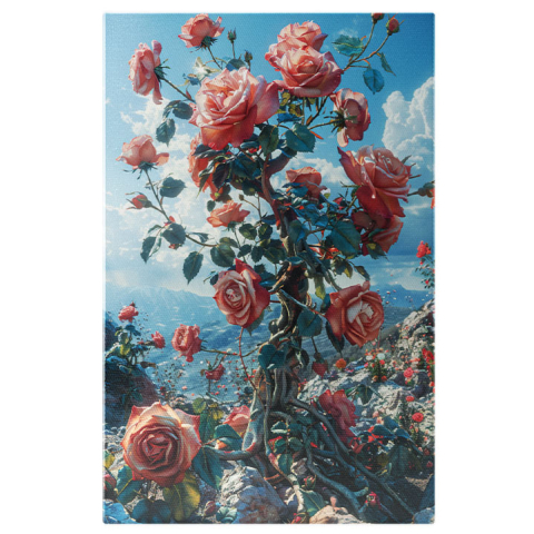 Flori - Tablou Canvas  Ramuri de Trandafiri care au Rasarit dintre Stancile de pe un Munte Pustiu, Trnadafiri Roz , Pictura Digitala 40x25CM